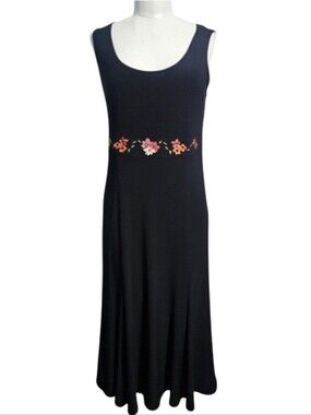 K Petite Collection Women's Embroidered Sleeveless Black Midi Dress Sz 10P